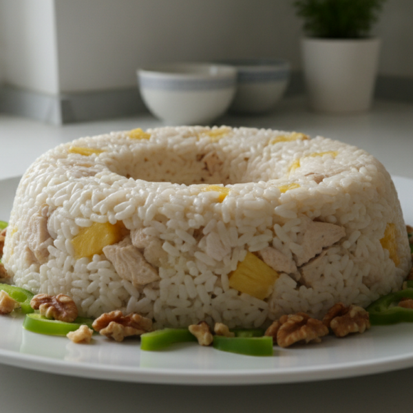 Rosca de arroz con pollo y piña emplatada sobre bandeja blanca con nueces