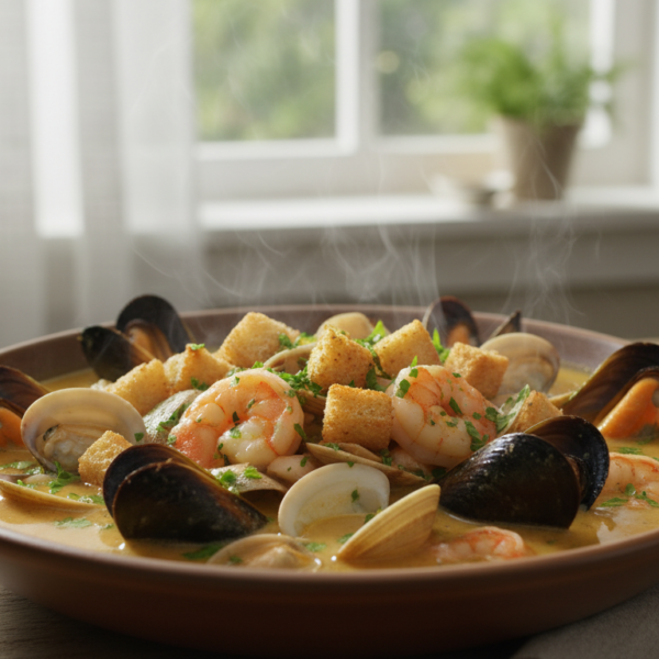 Sopa de marisco casera con nécoras, mejillones y tropezones de pan