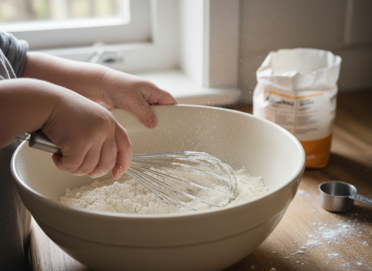 Mezclando harina y levadura para la masa de tortitas
