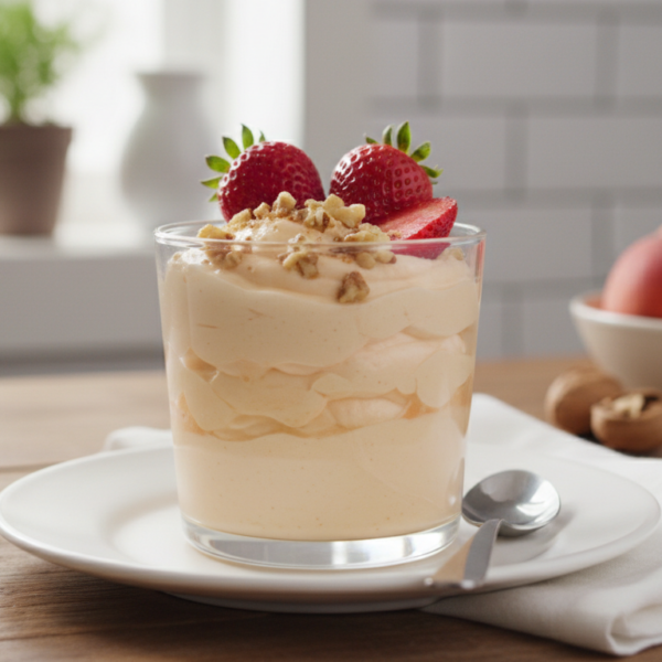 Cremoso de melocotón y nueces en vaso con frutos secos y fresa