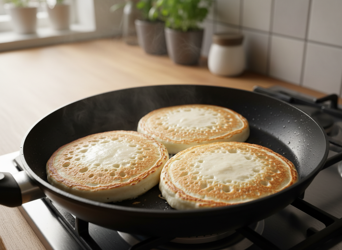 Tortitas cociéndose en la sartén hasta que burbujean los bordes
