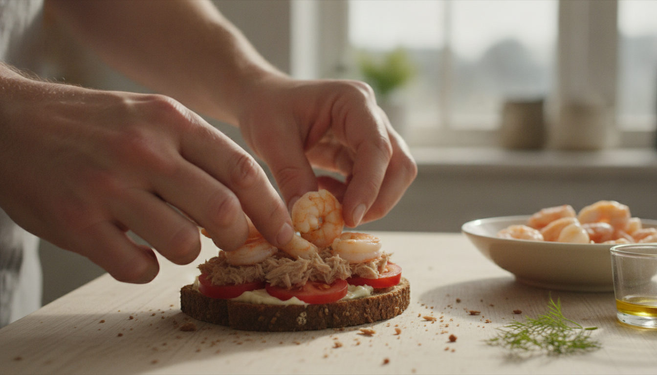 Montando el sándwich marino con langostinos sobre el atún y el tomate