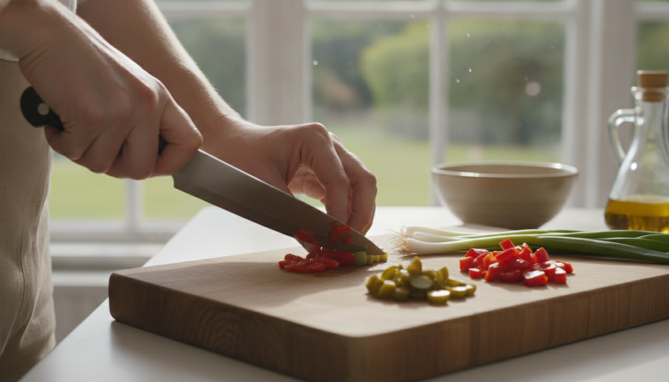 Picando los ingredientes de la vinagreta: pimientos del piquillo, pepinillo y cebolleta