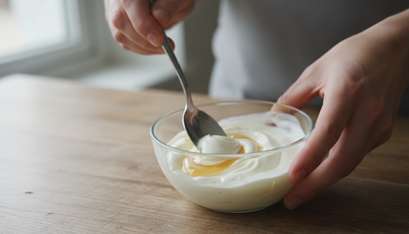 Preparando la salsa de yogur y miel para la ensalada