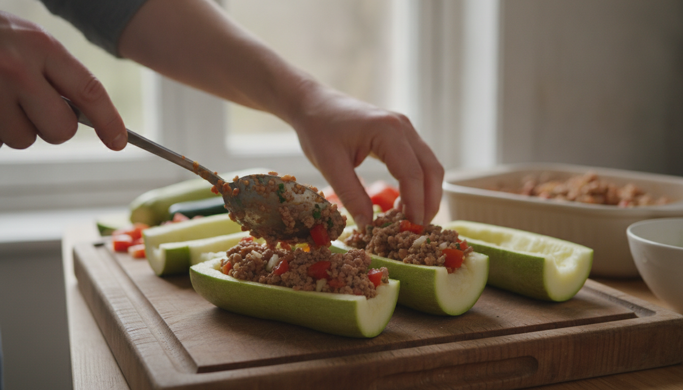 Rellenando los calabacines con la salsa de carne y verduras