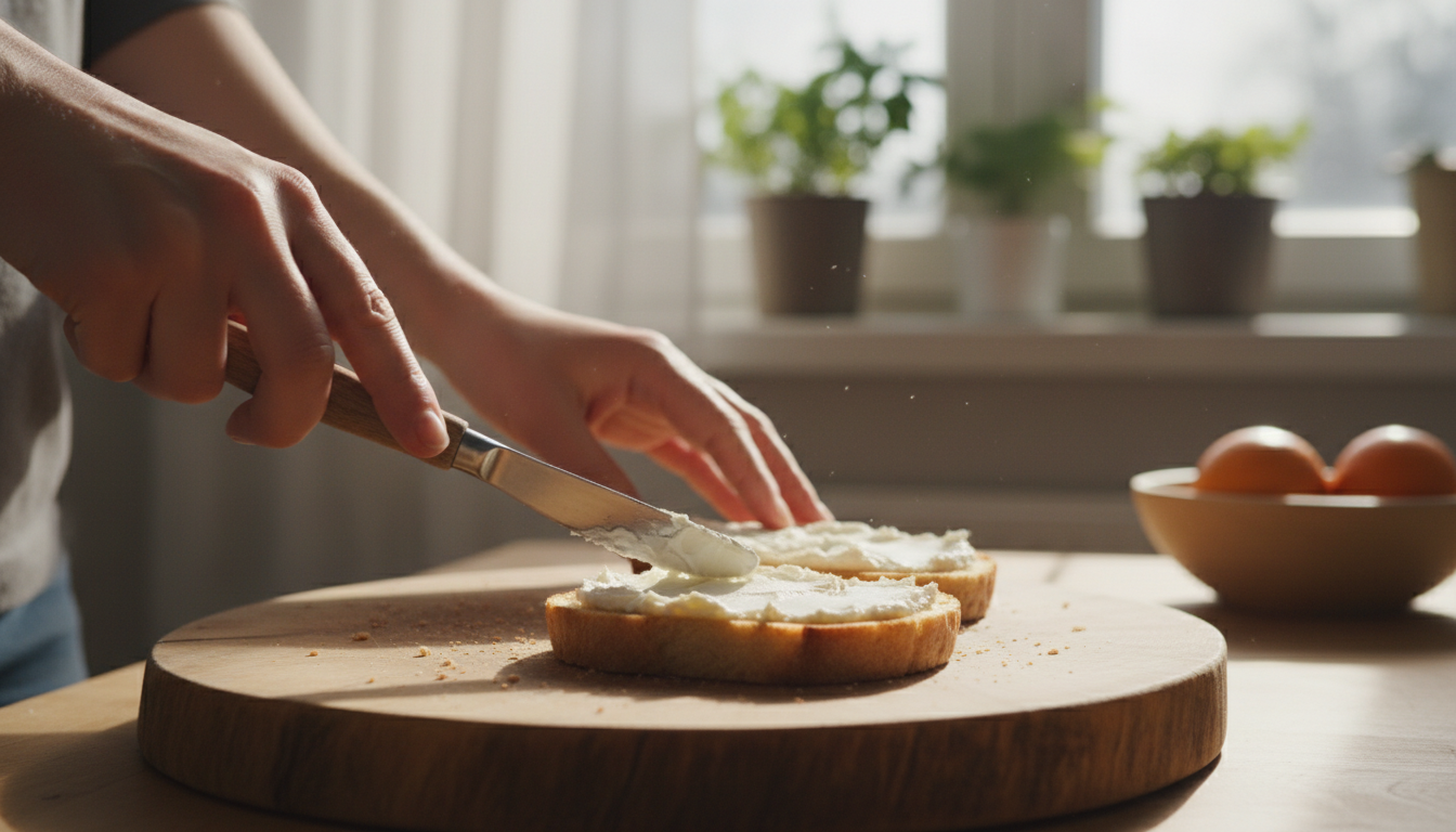 Manos extendiendo queso crema sobre rebanadas de pan tostado