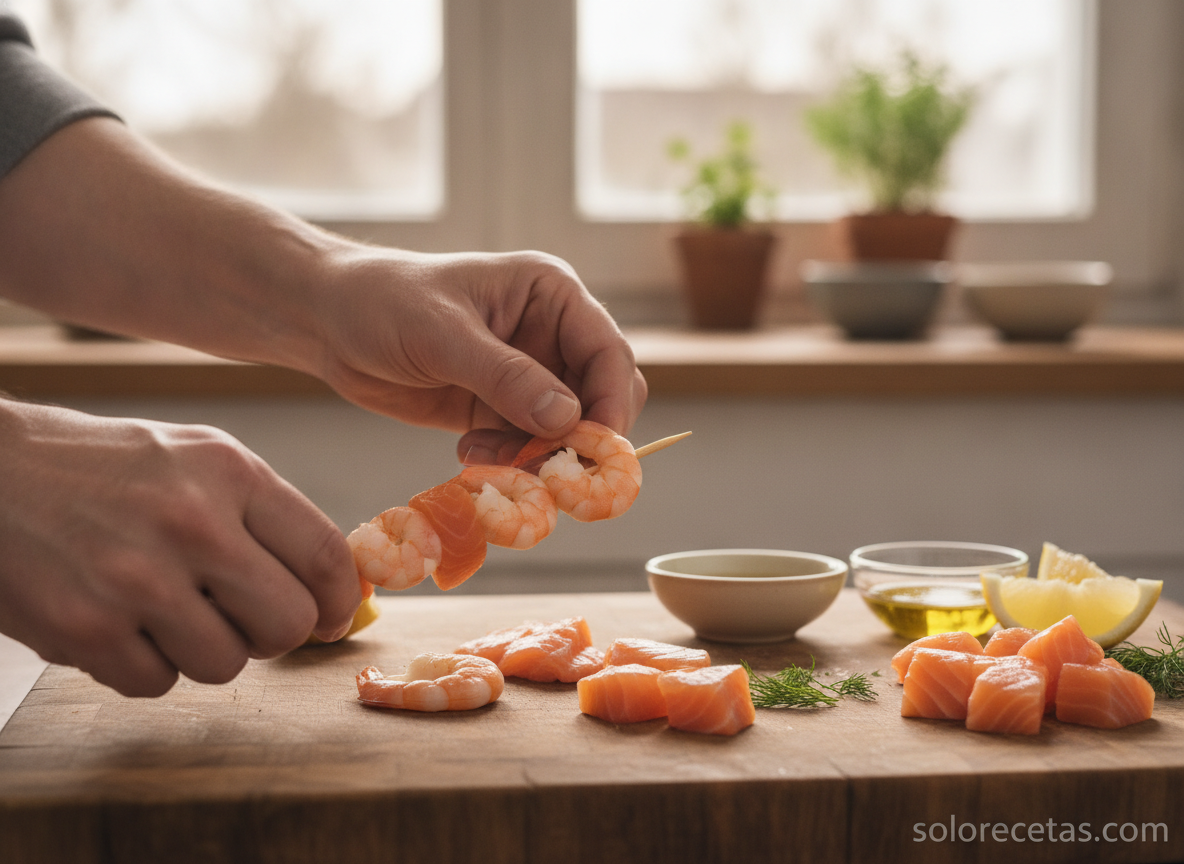 Manos ensartando langostinos y salmón en brochetas de madera