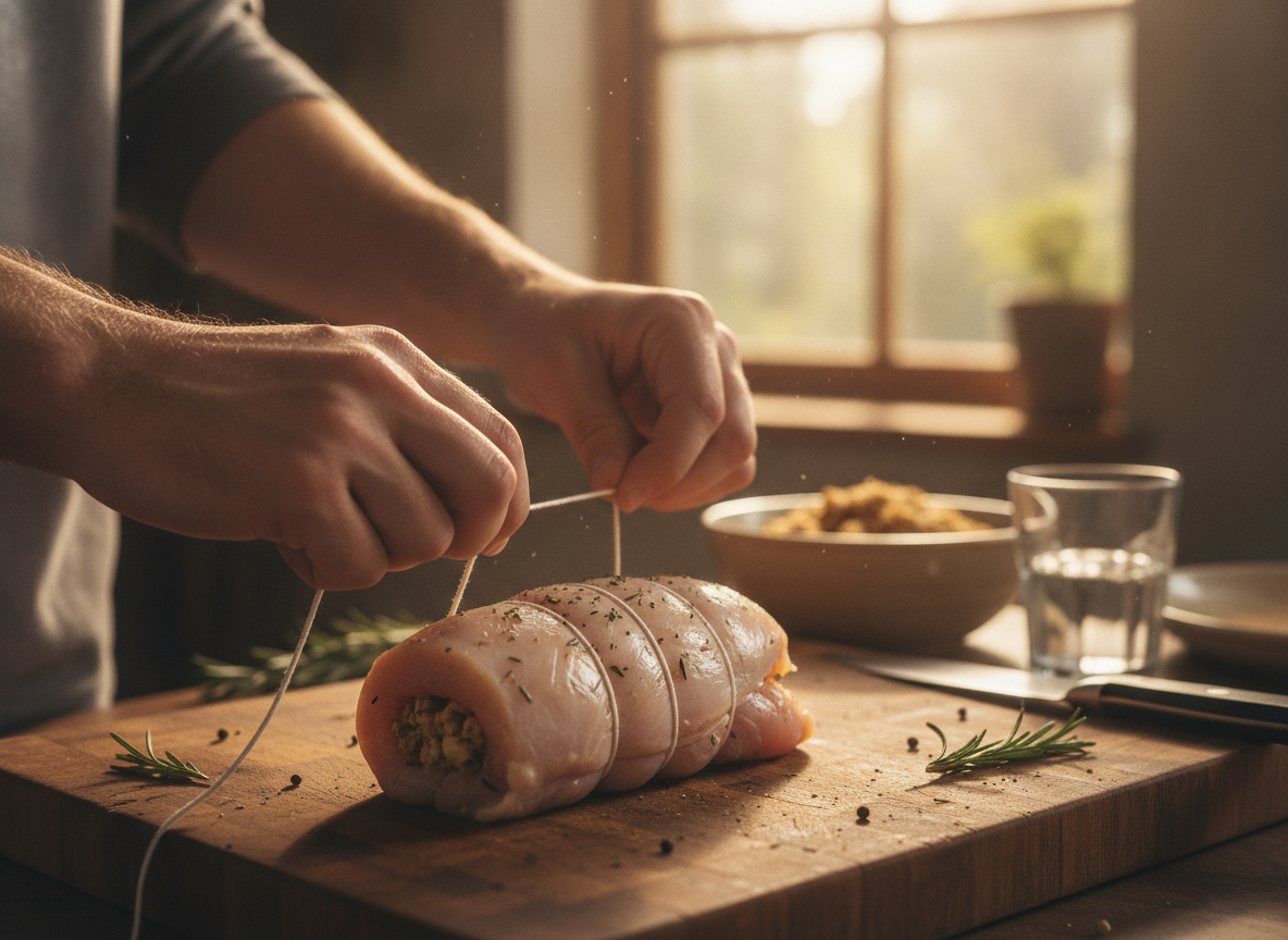 Atar el rollito de pechuga rellena con hilo de cocina