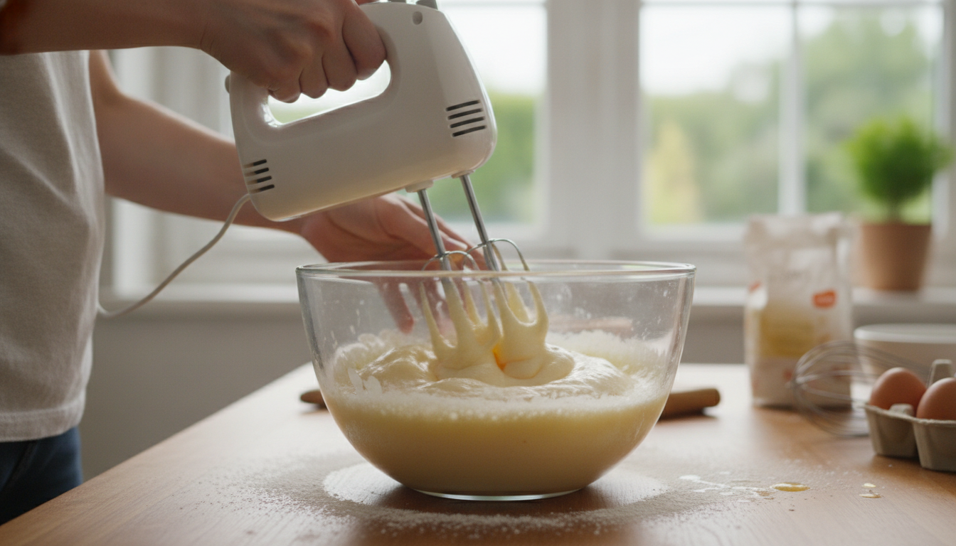 Coca de naranja esponjosa: receta casera 1 Batiendo huevos y azúcar con varillas eléctricas para la coca de naranja