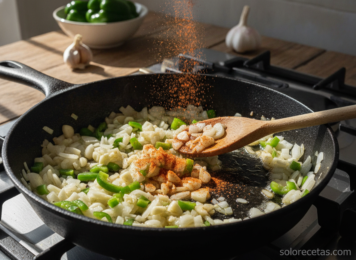 Rehogado de cebolla, ajo y pimiento con pimentón en sartén