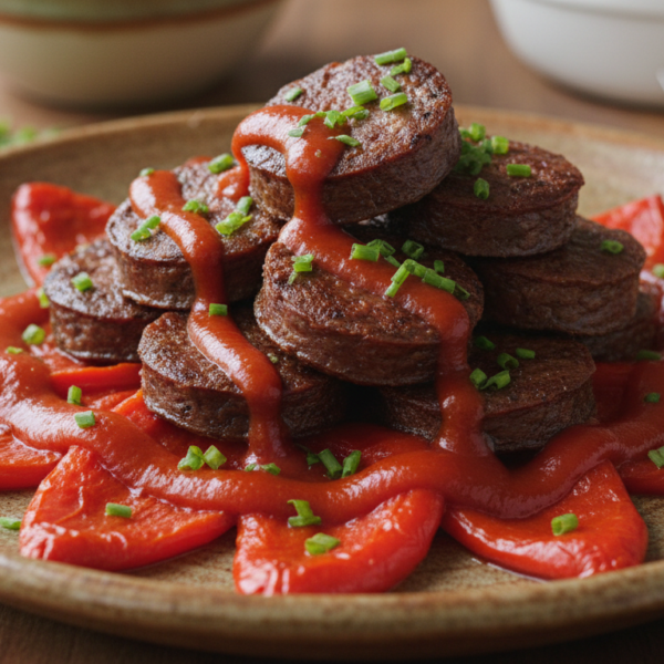 Pimientos del piquillo con rodajas de morcilla frita y salsa de piquillos