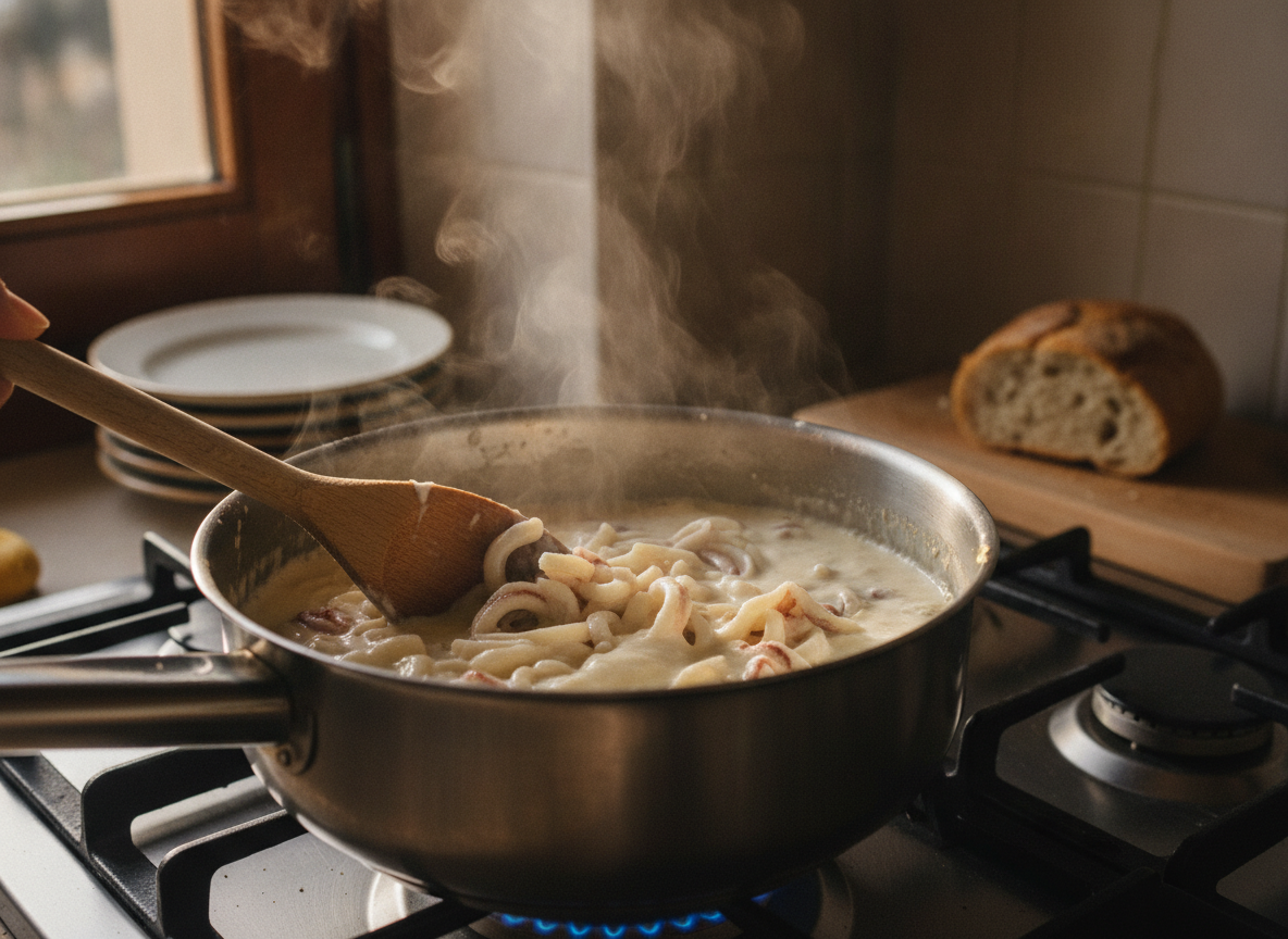 Bechamel de gulas espesándose en el cazo mientras se remueve
