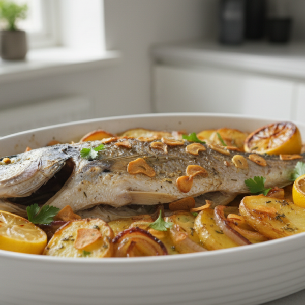 Dorada al horno con patatas, cebolla y ajo dorado en fuente de horno