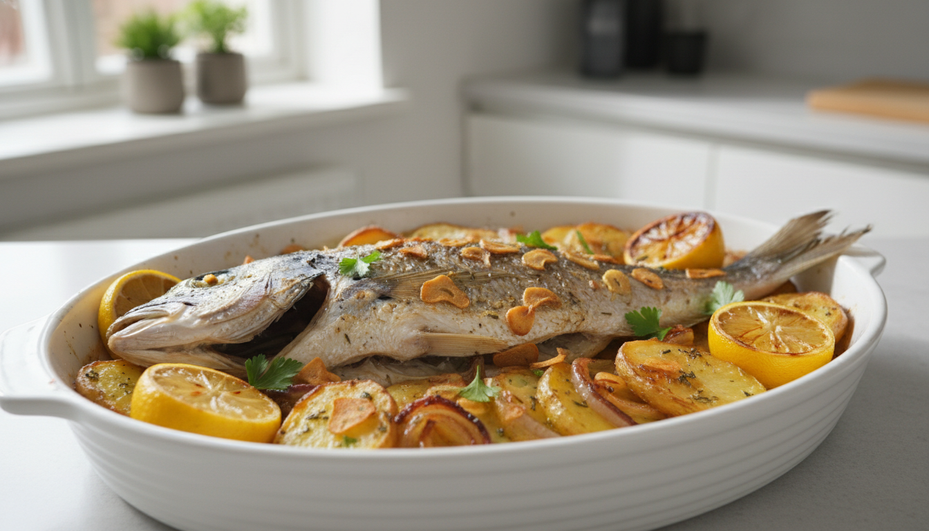 Dorada al horno con patatas: receta tradicional 1 Dorada al horno con patatas, cebolla y ajo dorado en fuente de horno