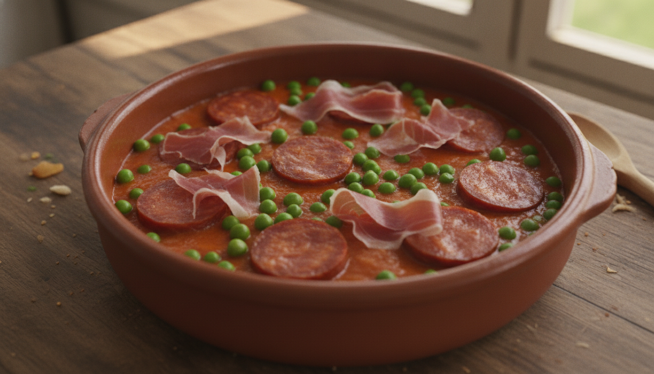 Disponiendo los ingredientes en la cazuela: chorizo, jamón y guisantes con tomate frito