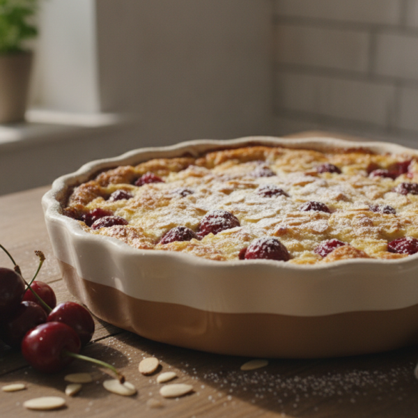 Gratinado de cerezas al kirsch recién horneado con costra dorada de almendras
