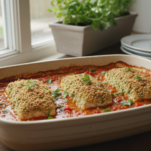 Bacalao con pimientos rojos al horno en fuente de cerámica