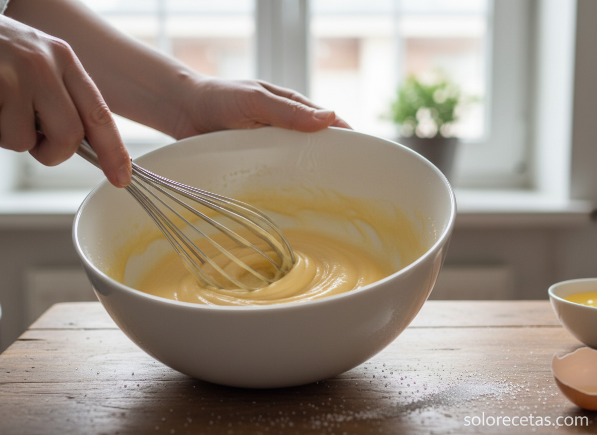 Flan de mandarina: receta cremosa con caramelo 1 Batiendo yemas y azúcar para el flan de mandarina