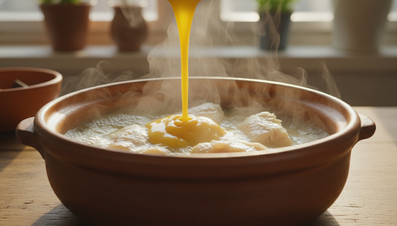 Huevos batidos con limón vertidos sobre la merluza