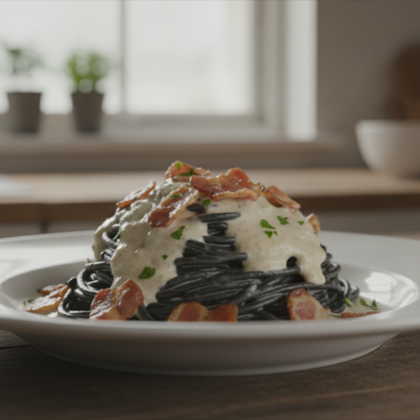 Espaguetis negros con salsa carbonara y beicón