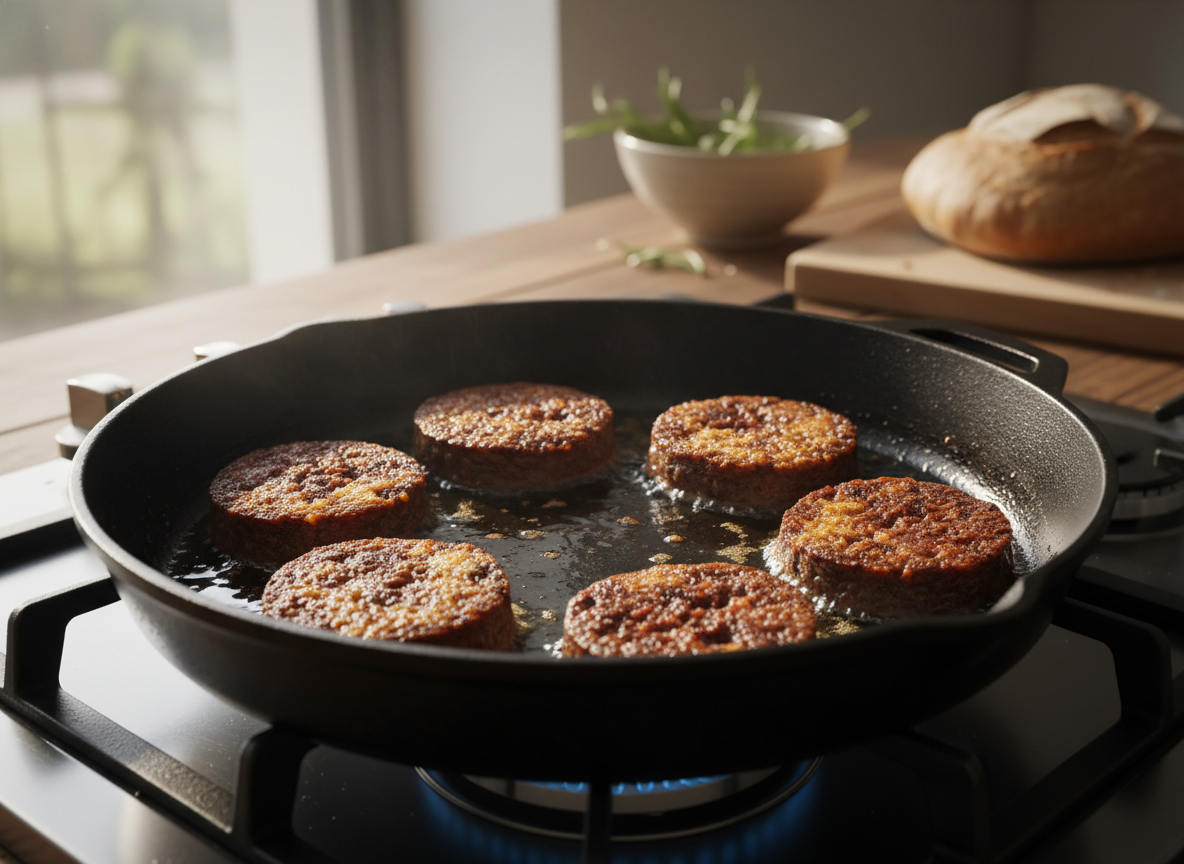Rodajas de morcilla de arroz friéndose en sartén con aceite de oliva