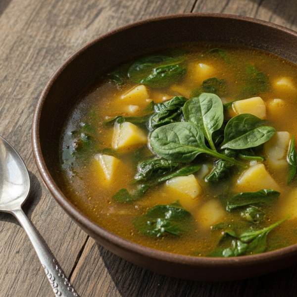 Bol de caldo de espinacas y patatas con ajo y cebolla