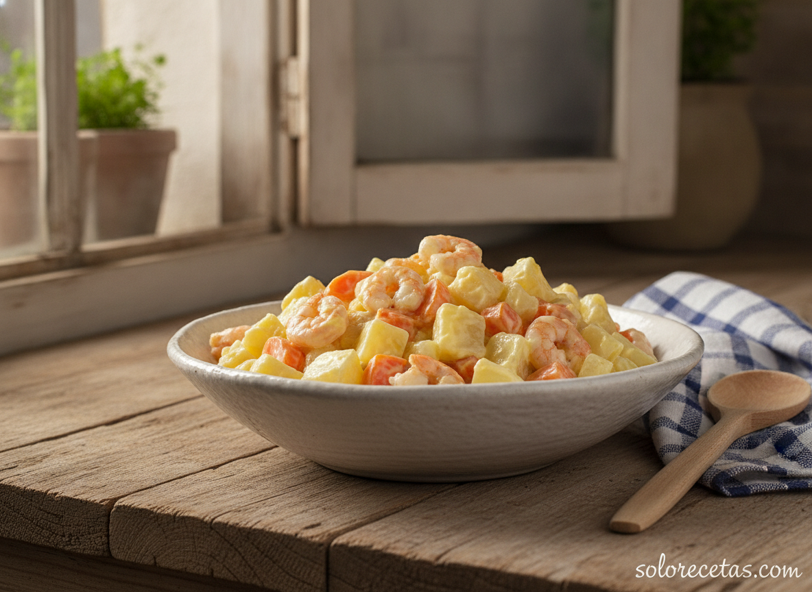 Ensaladilla de langostinos: receta fácil y cremosa 2 Mezclando patata zanahoria langostinos con mayonesa en bol