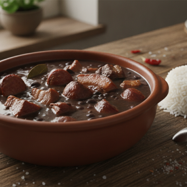 Feijoada brasileña de alubias negras con chorizo y carne de cerdo sobre arroz blanco