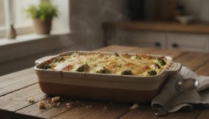 Brócoli gratinado con queso parmesano dorado en fuente de horno