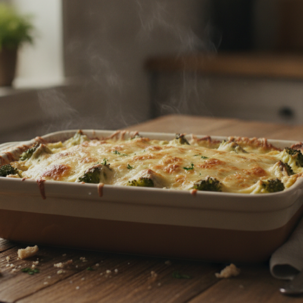 Brócoli gratinado con queso parmesano dorado en fuente de horno