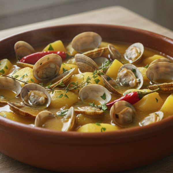 Caldereta de almejas con patatas en cazuela de barro