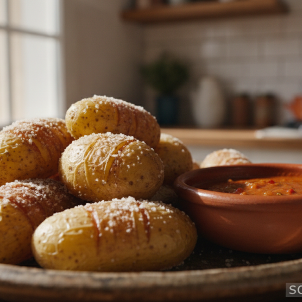 Papas arrugas canárias con mojo picón rojo en bol de barro