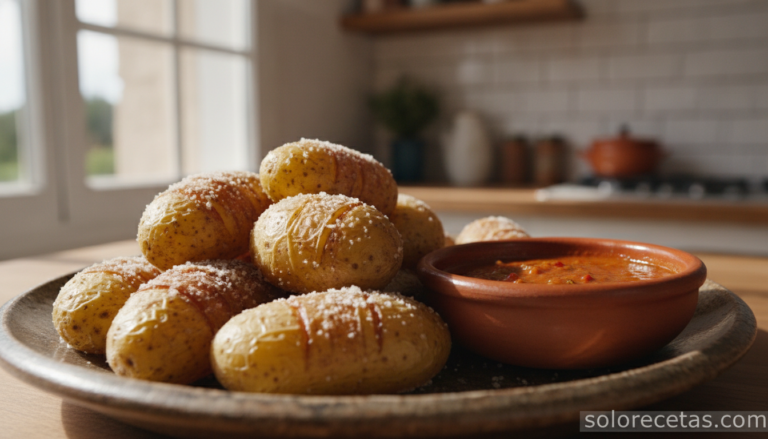 Papas arrugas canárias con mojo picón rojo en bol de barro