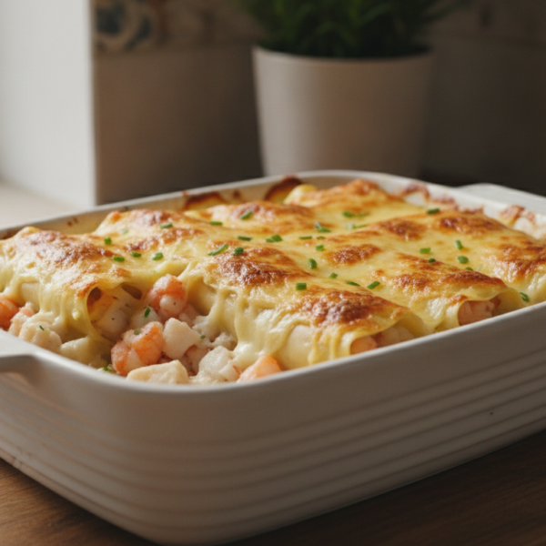Canelones de marisco con langostinos y rape gratinados
