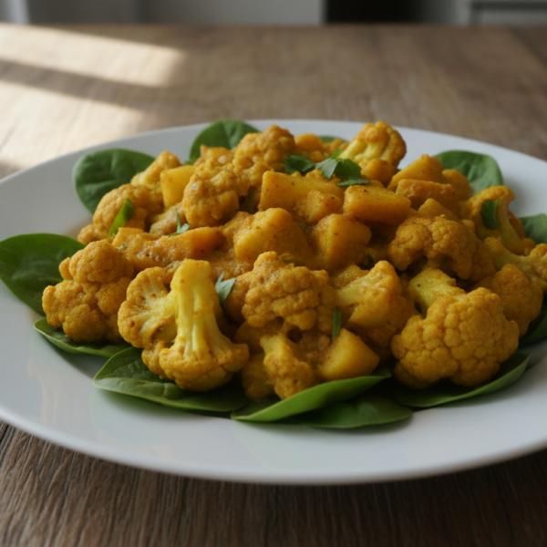 Curry de coliflor y manzana sobre espinacas frescas