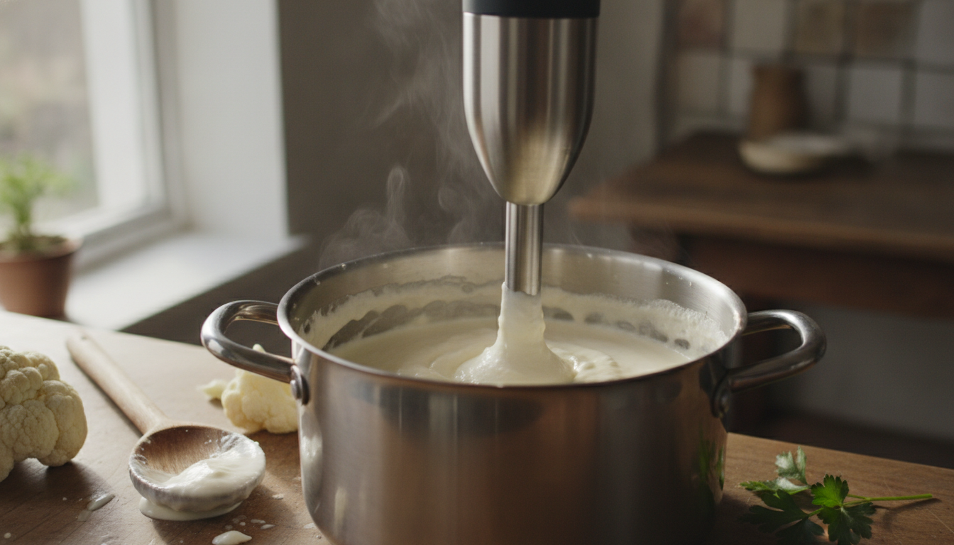 Crema de coliflor con nata: receta suave y sin grumos 1 Triturando la crema de coliflor con batidora de mano hasta obtener textura fina