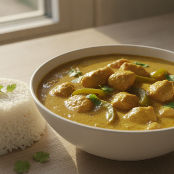 Curri de pollo con leche evaporada y pimiento verde en bol blanco
