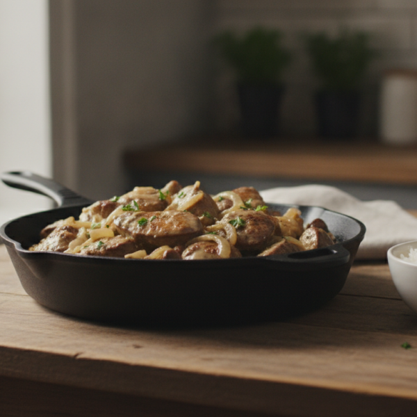 Higadillos de pollo encebollados con vino blanco en sartén