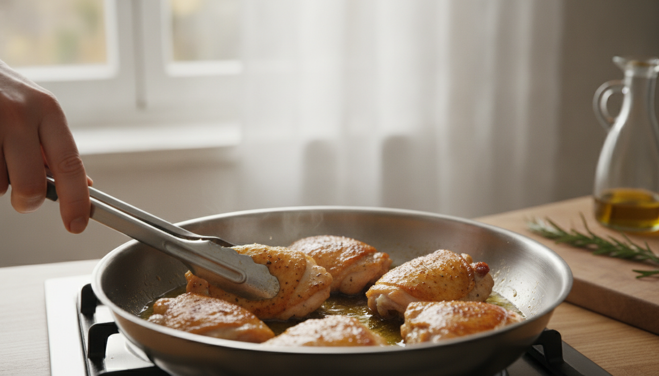 Pollo a la canela con almendras: receta de guiso casero 1 Dorando los trozos de pollo en aceite de oliva caliente