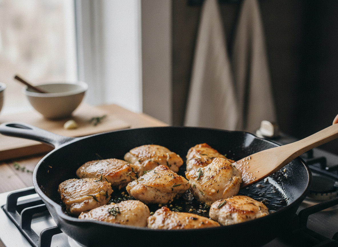 Dados de pollo dorándose en la sartén con aceite