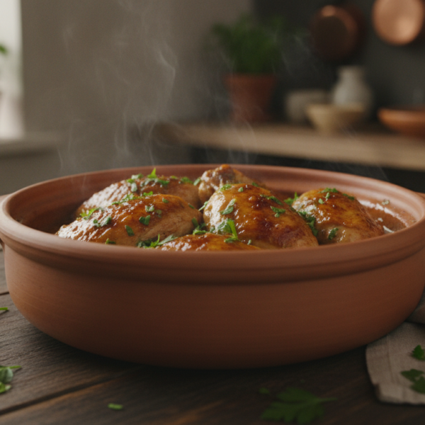 Pollo a la canela en cazuela con salsa aromática y perejil fresco