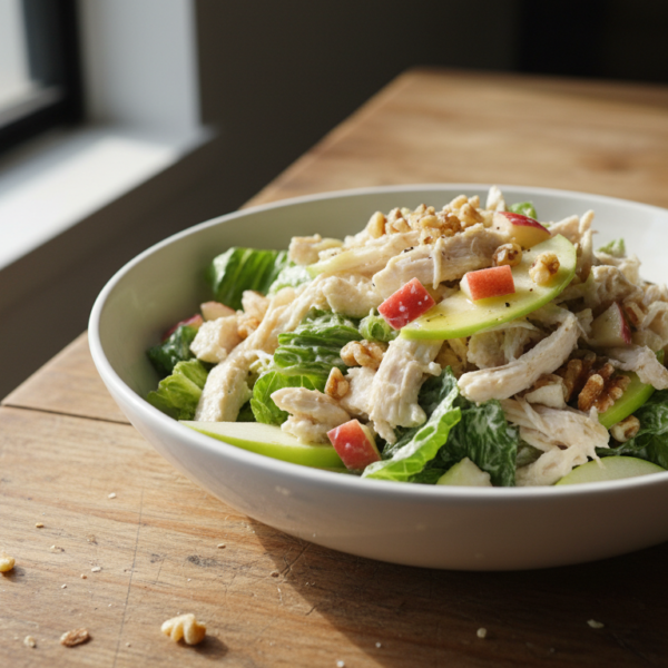 Ensalada de pollo con manzana y nuez en bol blanco