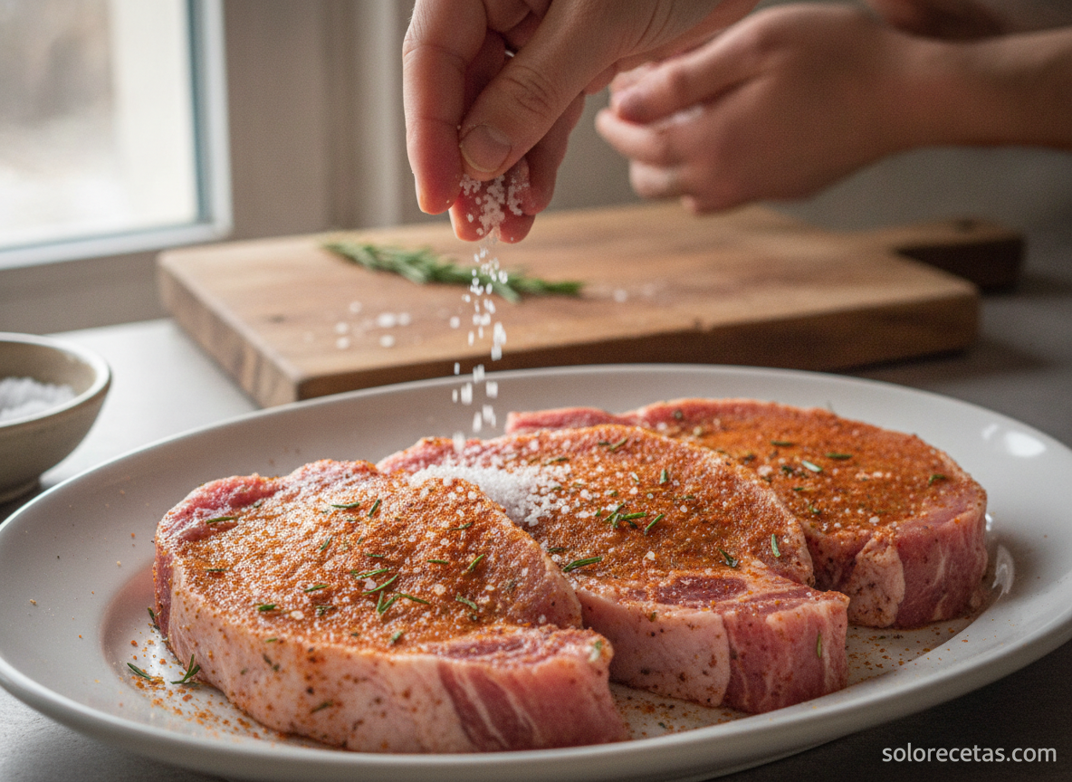 Sazonando chuletas de cerdo con sal gruesa y especias antes de la parrilla