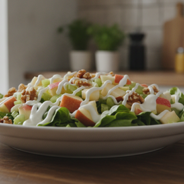 Ensalada Waldorf con manzana roja, apio, nueces y aderezo cremoso de yogur sobre lechuga
