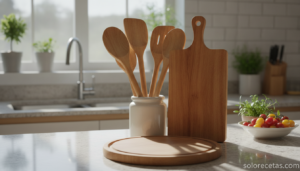 Utensilios de cocina de madera limpios y bien conservados sobre la encimera
