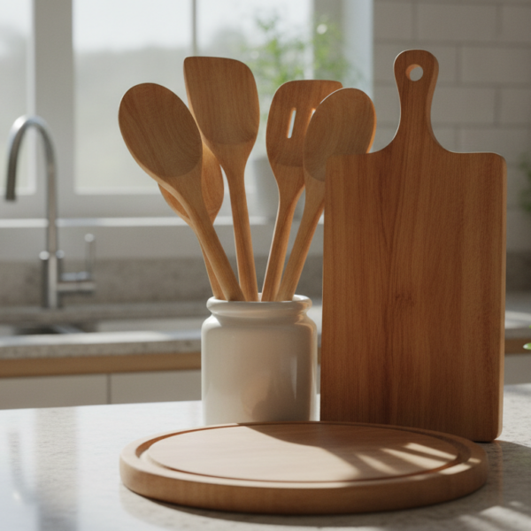 Utensilios de cocina de madera limpios y bien conservados sobre la encimera