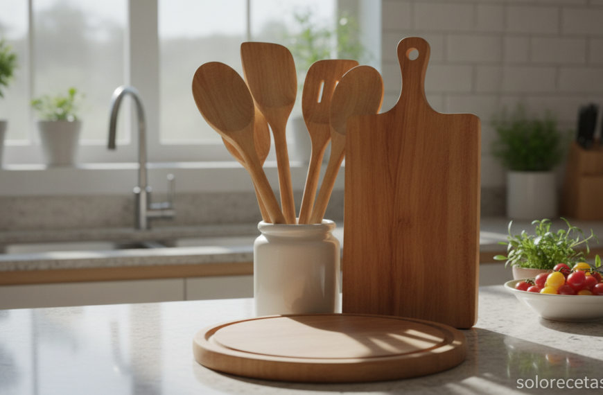 Utensilios de cocina de madera limpios y bien conservados sobre la encimera