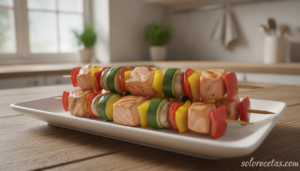 Brochetas de langostinos y salmón con verduras en plato blanco