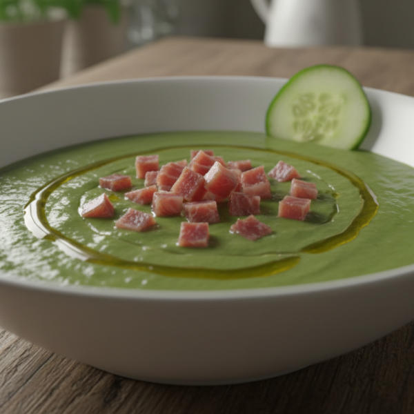 Gazpacho de aguacate en bol blanco con jamón serrano y aceite de oliva
