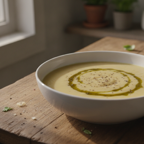 Crema de coliflor suave con aceite de oliva y pimienta negra en bol blanco
